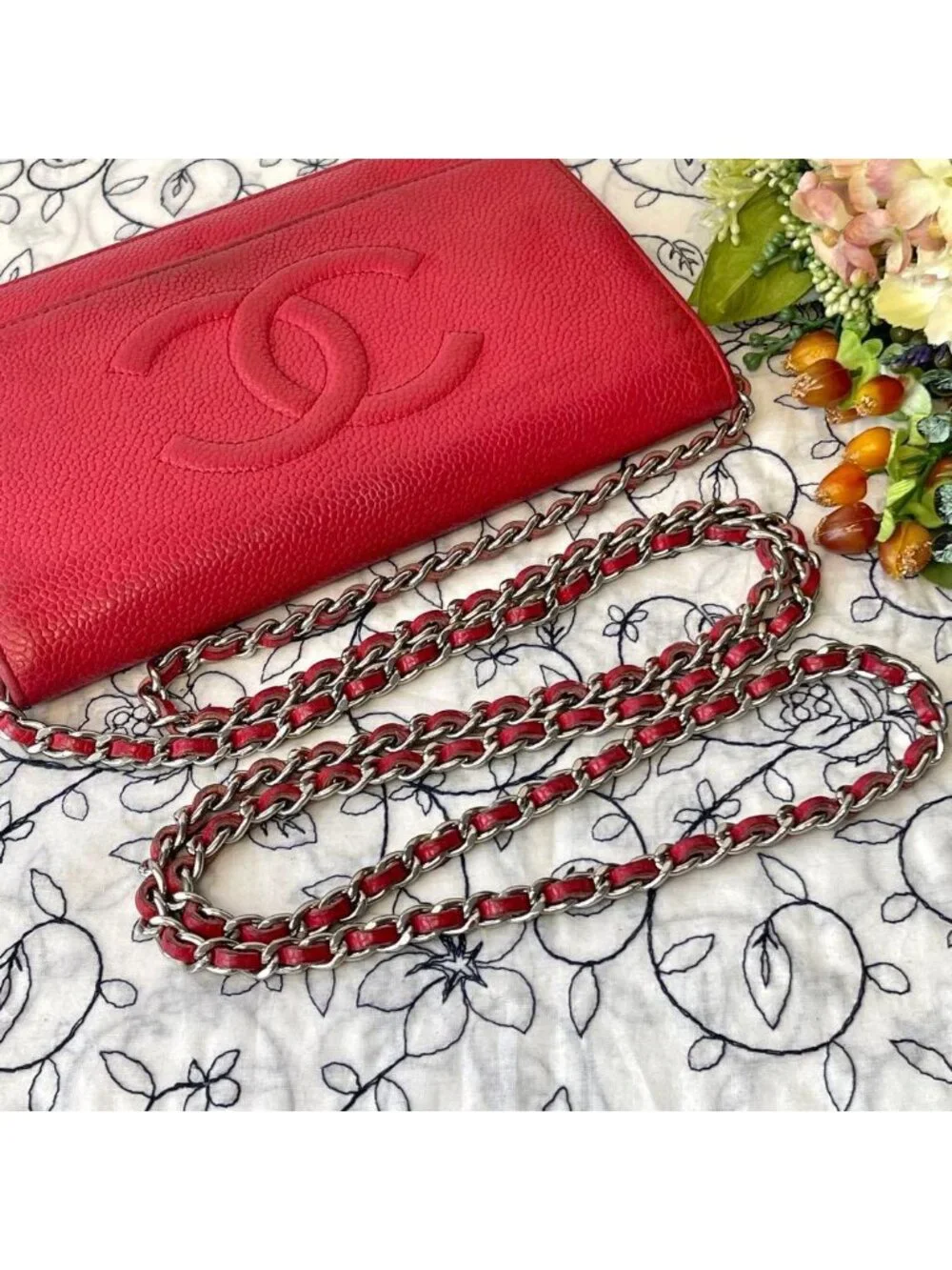 Chanel Chain Wallet Jumbo CC Logo Caviar Leather Red Shoulder Bag